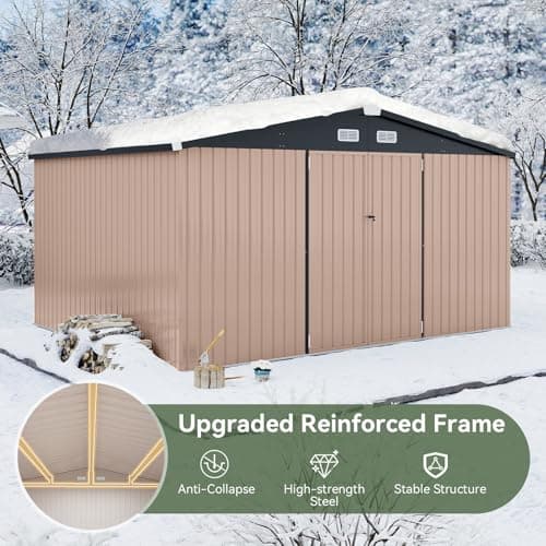 Aoxun 12x10 FT Shed Metal Outdoor Waterproof Storage Shed Steel Utility Garden Tool Shed with Door & Lock Outdoor Storage for Garden Patio Lawn Poolside, Brown