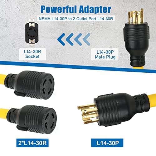 3FT NEMA L14-30 Splitter Cord Generator Y Adapter, HDWS NEMA L14-30P to (2) Outlet Port L14-30R Twist Lock Extension Cord, 30 Amp 4 Prong Generator Power Cord Adapter