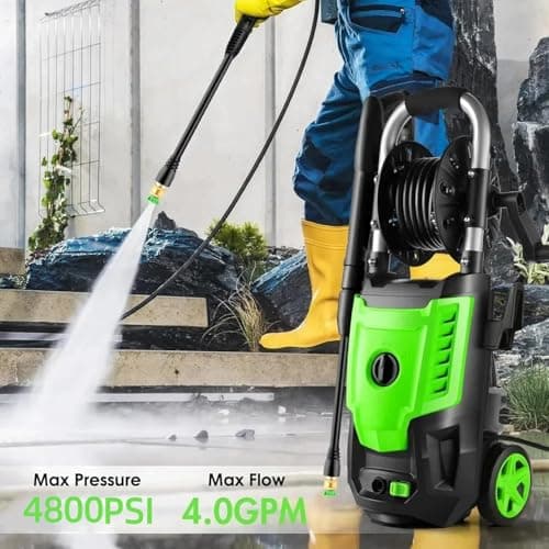 4800 PSI Electric Pressure Washer- 4.0 GPM High Power Washer with 33FT Hose Reel M22-14mm, 4 Nozzles and Foam Cannon, powerwashers for Home, Cars, Fences, Patio, 2025 Upgraded (Green)