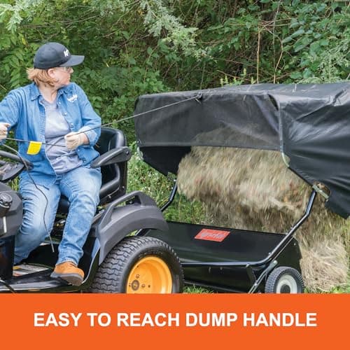 Agri-Fab 45-0546 52" Tow-Behind Lawn Sweeper, 26 cu. ft Hopper Bag Capacity; Leaf & Grass Catcher, with Adjustable Brush Height and Dump From Seat Handle