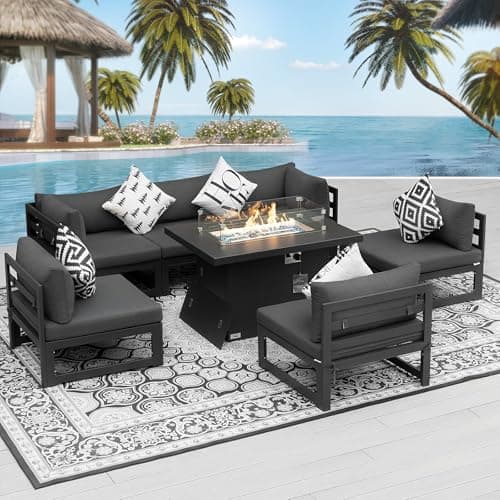 NICESOUL Modern Aluminum Outdoor Furniture Set with Propane/Gas Fire Pit, 29" Deep Seat Wide All Weather Outdoor Conversation Set, 7 Piece L-Shaped Modular Sectional Sofa for Poolside, Dark Gray