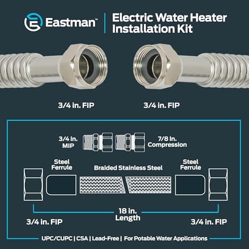 Eastman Electric Water Heater Installation Kit, 3/4 x 18 Inch Corrugated Stainless Steel Water Heater Connectors, 48281