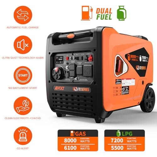 AIVOLT Dual Fuel Inverter Generator 8000 Wattages 50 Amp Gas Propane Powered Super Quiet Portable Inverter Generator for Home Use, Camping Travel RV Jobsite, 50 State Approved