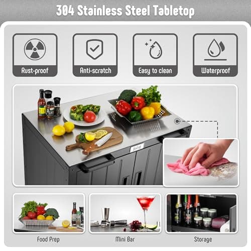 Grill Table, Outdoor Bar Cart Grill Cart with Storage Cabinet,Modular Outdoor Kitchen Island, Outdoor Grill Station with 304 Stainless Steel Top,Pizza Oven Table for Lawn & Garden,L35.4” x W24”