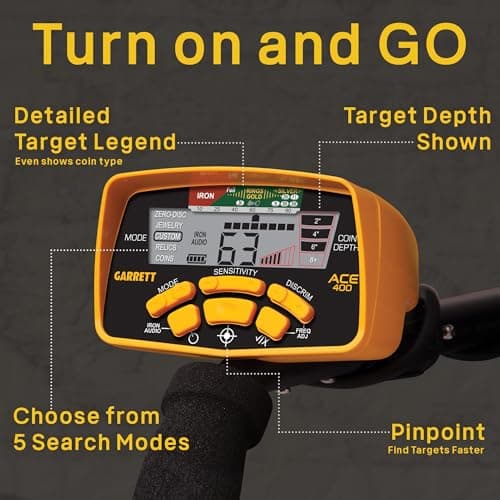 Garrett ACE 400 Metal Detector Bundle – Made in The USA - Digital Target ID, Iron Audio, Adjustable Frequency, Includes Pro-Pointer at, Finders Box, Headphones & Searchcoil Cover