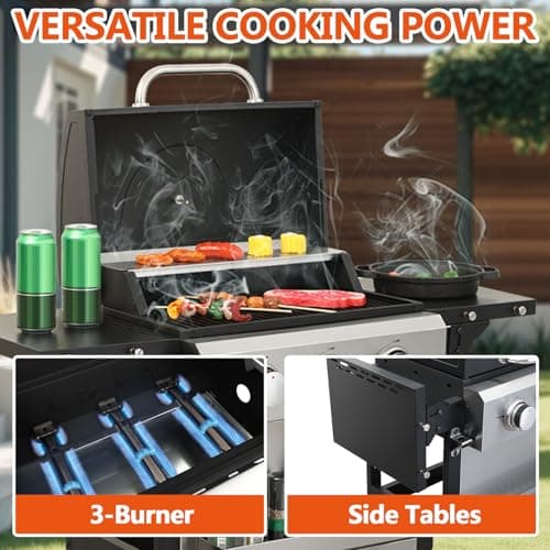 3 Burner Gas Grill with Lid, BBQ Grill With Griddle Combo, Outdoor Barbecue Grills with Wheels, Propane Grills with Foldable Side Table, Cooking Grids, Stainless Steel, 25650BTU