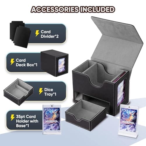 Flooyes MTG Commander Deck Box, Card Storage Box Fits 100 Double-Sleeved Cards, 35pt Card Brick, Dice Tray & Dice Pool, PU Leather Strong Magnet Card Deck Case for Magic Commander TCG CCG, Black/Grey
