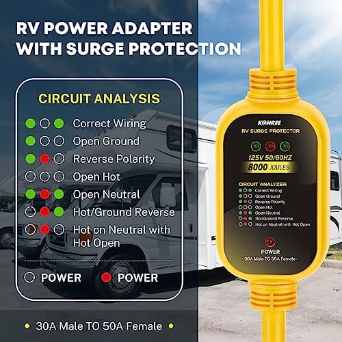 Kohree 30 Amp to 50 Amp RV Adapter with Surge Protection, 8000 Joules RV Surge Protector 30/50 Amp, Circuit Analyzer Surge Protector for Camper Trailer, RV Adapter Plug NEMA TT-30P to NEMA 14-50R
