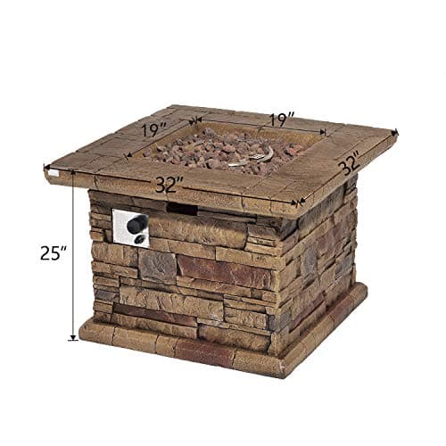 COSIEST Outdoor Propane Fire Pit Table w Faux Brown Ledgestone 32-inch Square Fire Table, CSA Certified, 50,000 BTU Stainless Steel Burner, Free Lava Rocks, Fits 20lb Tank Inside