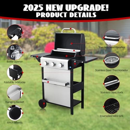 3-Burner Propane Gas Grill with 2 Foldable Side Tables, 25,650 BTU Outdoor BBQ Grill with Porcelain-Enameled Flame Tamers, Built-in Thermometer, Easy Assembly for Patio, Backyard BBQ