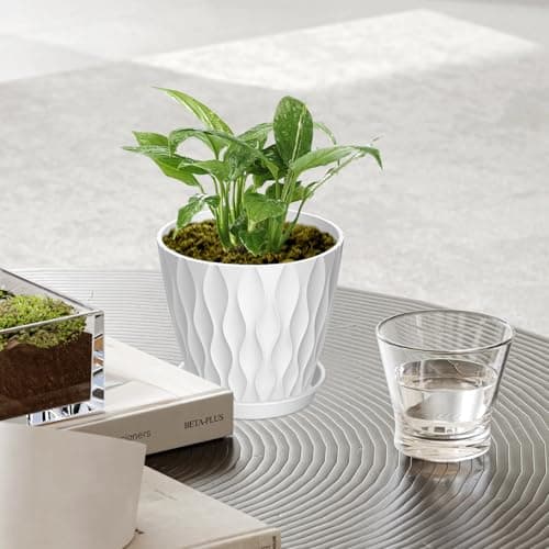 12 Pack 4 Inch Small Plant Pots with Saucers, 3D Textured Plastic Planters with Drainage Holes for Indoor and Outdoor Plants, Flowers, Herbs, Succulents, and Seedlings, White