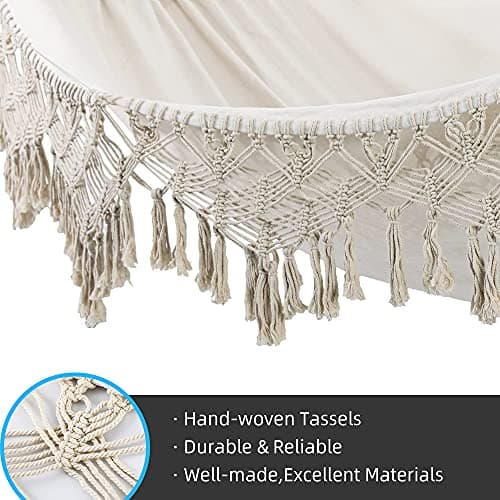 Indoor Hammock with Macrame Fringe for 2 Persons,Double Boho Hammocks with Tassels,Portable Cotton Rope Hamaca Swing with Travel Bag for Outside,Porch,Garden,Patio,Backyard,Up to 500lbs White