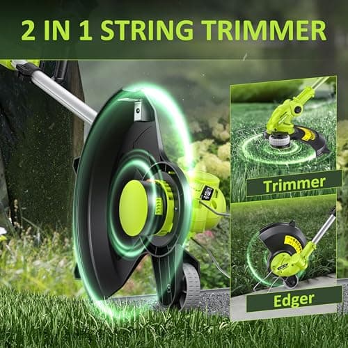 Electric String Trimmer Cordless with 2x2.0Ah Battery, 20V Battery Powered 12-inch Lawn Mover & Edger Lawn Tool with Charger, Powered Grass Trimmer with 8pcs Spool Line for Yard, Garden, Green