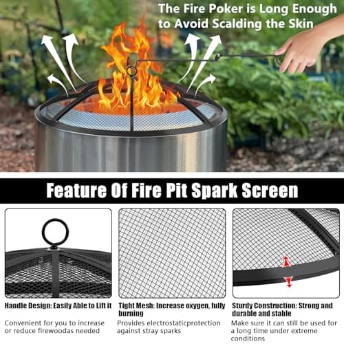 Fire Pit Spark Screen, Fire Pit Screen 22 Inch Round with Handle & Poker, Collapsible Heavy Duty Mesh Fire Pit Cover Fire Pit Lid for Outdoor/Patio/Backyard/RV Camping/Beach