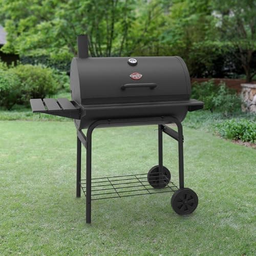 Char-Griller Pro Deluxe Charcoal Barrel Grill, EasyDump™ Ash Pan, Premium Front and Side Shelves with Utensil Hooks, 850 Square Inches of Cooking Space in Black, Model E2827