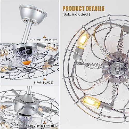 Asyko Outdoor Caged Ceiling Fans with Lights - Bladeless Low Profile Ceiling Fan Light with Remote, 19" Enclosed Ceiling Fan for Covered Outdoor