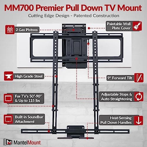 MantelMount MM700 Premier Fireplace TV Mount Pull Down Bracket for 50"-90" & 25-115 lb Televisions Above Mantel with Sound Bar Attachment, Paintable Covers & Safety Pull Down Handles