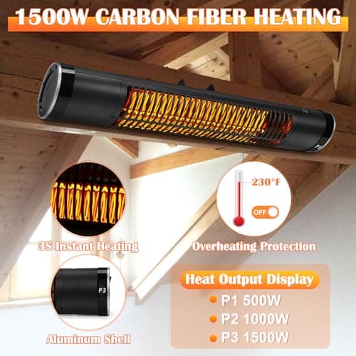 Electric Outdoor Heater, 1500W Patio Heater for Outdoor Use, Wall-Mounted Carbon Infrared Heater,With Remote, 3 Heat Levels, 8H Timers, Radiant Heater for Garage, Gazebos, Shop