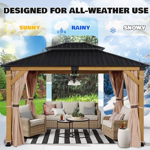 StarEcho 10'x12' Wooden Hardtop Gazebo,Wood Heavy Duty Solid Cedar Gazebos with Mosquito Netting and Waterproof Curtains,Outdoor Metal Canopy for Backyard,Lawn, Garden, Deck