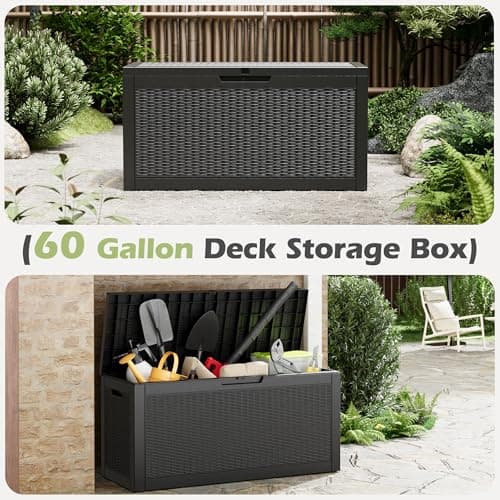 Deck Box, 60 Gallon Outdoor Storage Box Lockable Patio Waterproof for Furniture, Garden Tools, Sports Equipment and Pool Supplies, Waterproof, Resin, Lockable