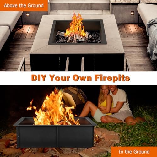 OUSHENG 32 Inch Square Fire Pit Ring Insert for Outside Wood Burning, 36 Inch Outer Large Solid Steel Firepit Liner for Above or In-Ground Outdoor DIY Camping Garden Patio Backyard