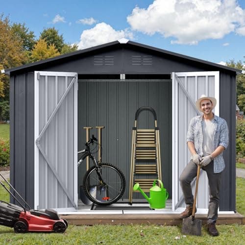 8' x 6' Outdoor Storage Shed with Base Kit, Sturdy Metal Building w/Lockable Doors for Garden, Backyard, Poolside and Lawn, Black