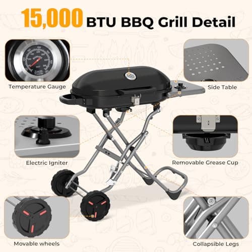 Portable Propane Gas Grill,15,000 BTU BBQ Grill with Top Cover Lid, 406 sq.in. Grilling Areas, 2 Wheels, Built-in Thermometer, Barbecue Gas Grill for Patio,Party,Black