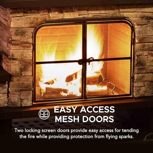 Sunjoy Outdoor Fireplace, Patio Wood Burning Fireplace with Steel Chimney, Mesh Spark Screen Doors, Fire Poker, and Removable Grate, Black