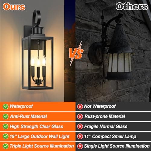 Outdoor Wall Light Fixture, 3-Light 19” Large Waterproof Outside Wall Mounted Sconce Light Fixture with Clear Glass Shade, Black Anti-Rust Exterior Wall Lantern for House, Front Porch, Garage