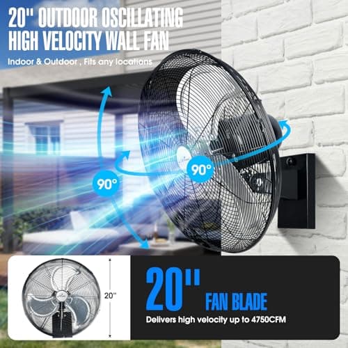 iLiving 20" Outdoor Oscillating High Velocity Wall Fan with 4750 CFM Heavy Duty Weatherproof Motor, Variable Speed Adjustment for Workshop, Garage, Patios, Commercial and industrial, 20 inch,Black
