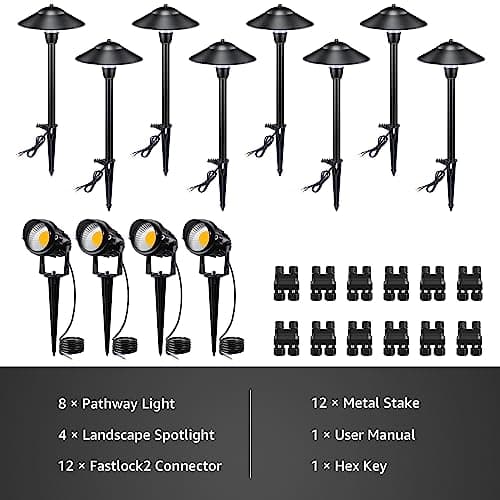 SUNVIE LED Landscape Lights 12V Aluminum Low Voltage Pathway Lights with Stake, Waterproof for Walkway Yard Garden, 12 Pack with Connectors