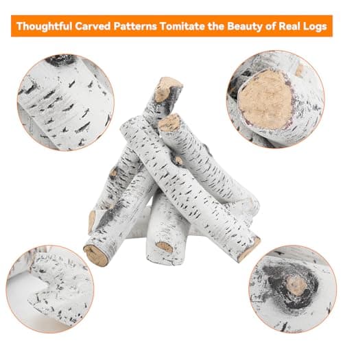 Skyflame 6 Piece Set of Gas Fireplace Logs, Large White Birch Ceramic Logs for All Types of Indoor/Outdoor Gas Inserts, Ventless, Fireplaces and Fire Pits