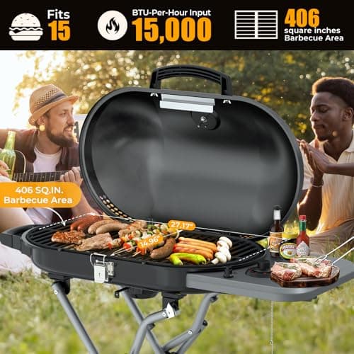Portable Propane Gas Grill,15,000 BTU BBQ Grill with Top Cover Lid, 406 sq.in. Grilling Areas, 2 Wheels, Built-in Thermometer, Barbecue Gas Grill for Patio,Party,Black