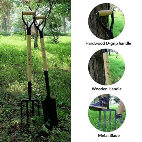 Garden Fork, 4-Tine Spading Digging Fork, Pitch Fork-45Inch, Forged Steel Y-Grip, Wood Handel