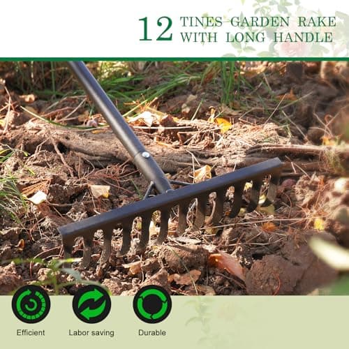 Garden Rake Heavy Duty, 74 Inch Metal Rake with 12 Tines, Bow Rake with Long Handle for Loosening Soil Leveling Lawn Farming Land, Black