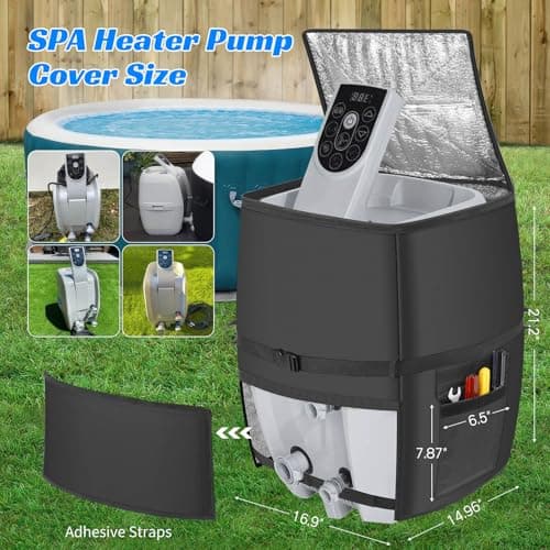Hot Tub Spa Heater Pump Cover,Waterproof 600D Oxford Fabric Aluminum Film Insulated Cover,Inflatable Hot Tub Spa Heater Pump,Easy Installation with Zipper and Adhesive Straps,Black,Square