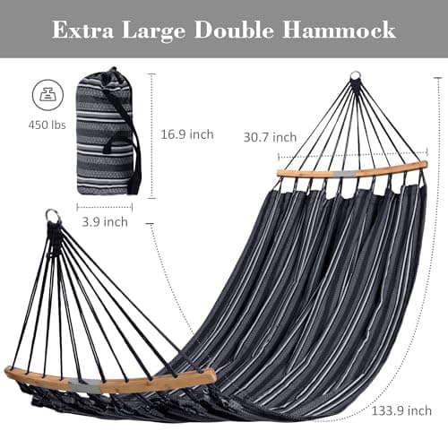SUNCREAT Hammocks Double Hammock with Curved Spreader Bar, Outdoor Camping Portable Hammock with Carrying Bag & Tree Straps for Patio, Backyard, Balcony, Max 450lbs Capacity, Dark Gray
