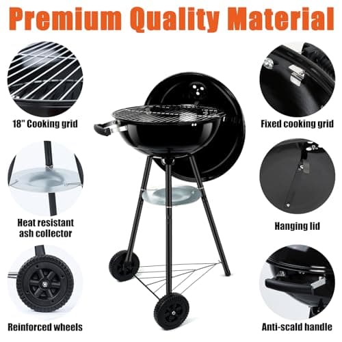 18 Inch Kettle Charcoal Grill, Leonyo Outdoor Barbecue Kettle Grill, Portable Round Smoker with Wheels, Porcelain-Enameled Lid & Fire Bowl, Perfect for Camping/Backyard/Tabletop Cooking/BBQ Party