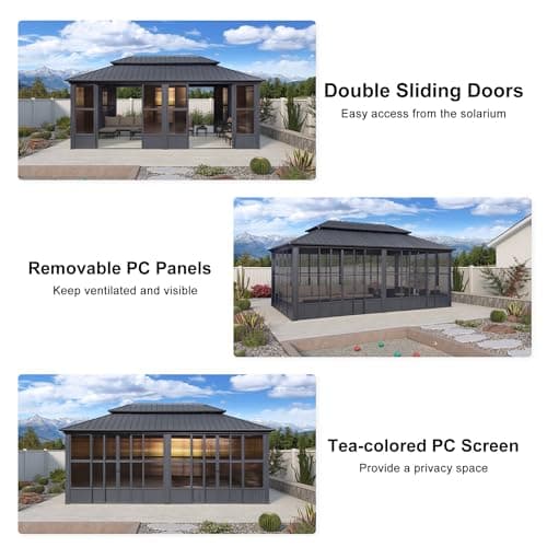 PURPLE LEAF 12' X 20' Sunroom Permanent Hardtop Gazebo Solarium Galvanized Steel Double Roof Aluminum Outdoor Screen House for Patio Deck Backyard Grey