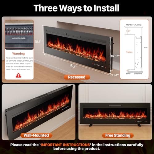 Sweetcrispy 60" Electric Fireplace Wall Mounted or Recessed Insert, 1500W/750W Freestanding Fireplaces Heater with Remote Control,13 Adjustable Flame Color, 12H Timer, Touch Screen