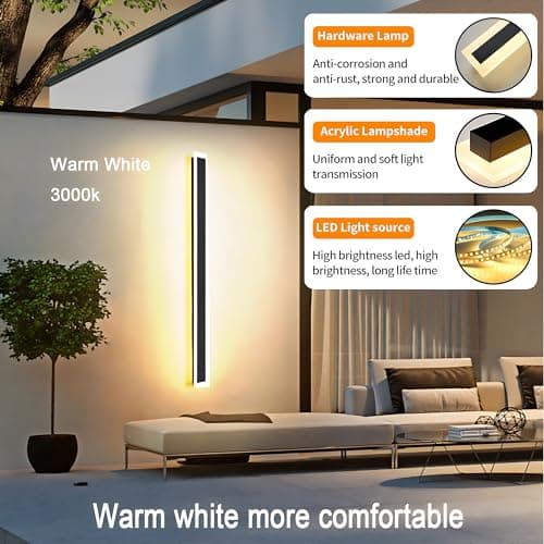 2Pack 31.5inch Long Outdoor Modern LED Wall Light,24W Waterproof IP65 Warm White 110V led Wall Mount Lighting Fixture Rectangular Black Wall Lights Elegant Frosted White Acrylic Anti Rust
