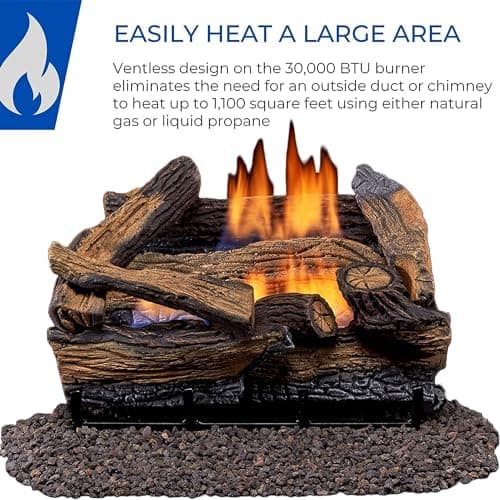 Duluth Forge Split Red Oak Ventless Log Set – 18 Inch, 30,000 BTU, Dual Fuel (Propane/Natural Gas), Remote Control, Realistic Fireplace Insert
