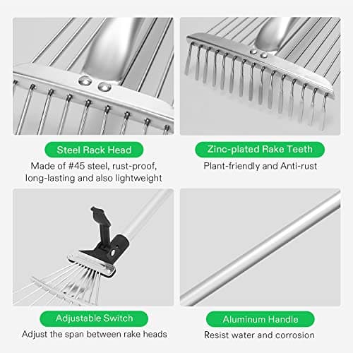 VIVOSUN 2-Piece Leaf Rake Set - Adjustable Garden/Camping Rake With 15/9 Tines, Collapsing Tines & Telescopic Handle (64'' & 30'')