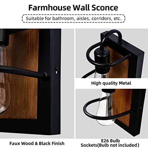 Farmhouse Wall Light Fixtures,Modern Industrial Wall Sconces Lighting Indoor with E26 Base Faux-Wood Color Matte Black Finish,Vintage Wall Mount Light Fixture for Bedroom Living Room Bathroom Stairway