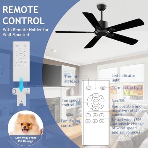52 Inch Ceiling Fan No Light - Outdoor Indoor Flush Mount Low Profile DC Motor Fan with Remote, 5 Blades Reversible Silent Fan for Patio, Bedroom, Living Room, Garage