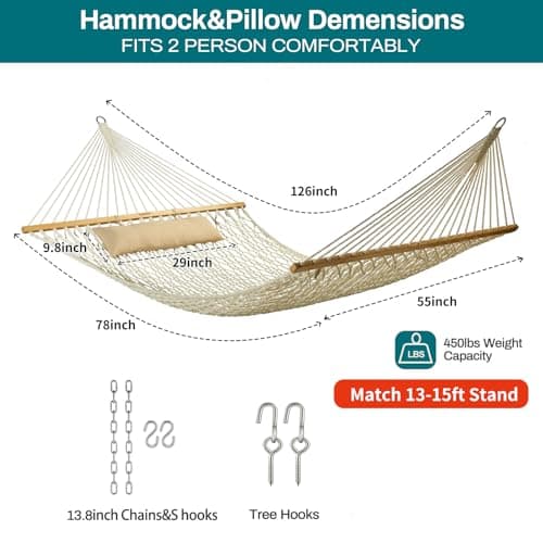 JoyView Traditional Rope Double Hammock - Hand Woven Cotton Hammock with Hardwood Spreader Bar and Pillow 450lb Capacity for Outdoor Indoor Patio Yard - Natural