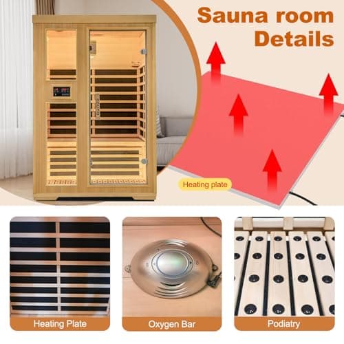2-Person Infrared Sauna, Indoor Home Sauna Room Hemlock Wood Sauna Low EMF Far Infrared Heating with Tempered Glass Door Bluetooth Speakers, Chromotherapy Lights for Family（110V, 1850W）Truck delivery