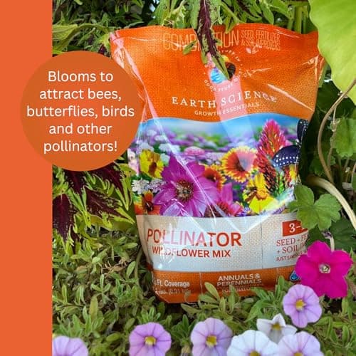 Wildflower Pollinator Mix from Earth Science, 3-in-1 Mix with Premium Wildflower Seed, Plant Food and Soil Conditioners, Non-GMO, for Bees, Hummingbirds, Butterflies, Pollinators 6 lb