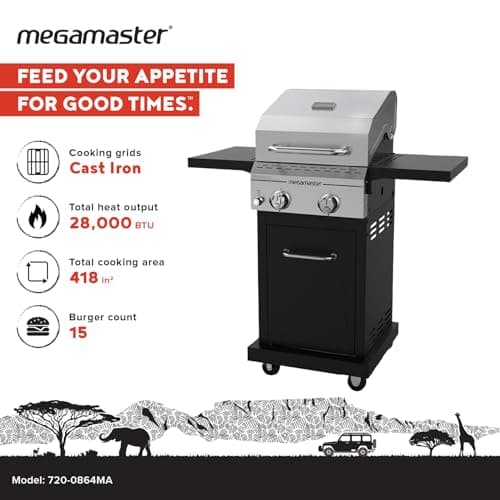 2-Burner Propane Barbecue Gas Grill with Foldable Side Tables, Perfect for Camping, Outdoor Cooking, Patio, Garden Barbecue Grill, 28000 BTUs, Silver and Black, 720-0864MA