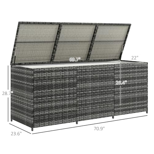 Outsunny 175 Gallon Outdoor Storage Box with Inner Liner, PE Rattan Wicker Deck Box with Pneumatic Bar Lift for Indoor & Outdoor, Patio Furniture Cushions, Pool Supplies, Garden Tools, Mixed Gray